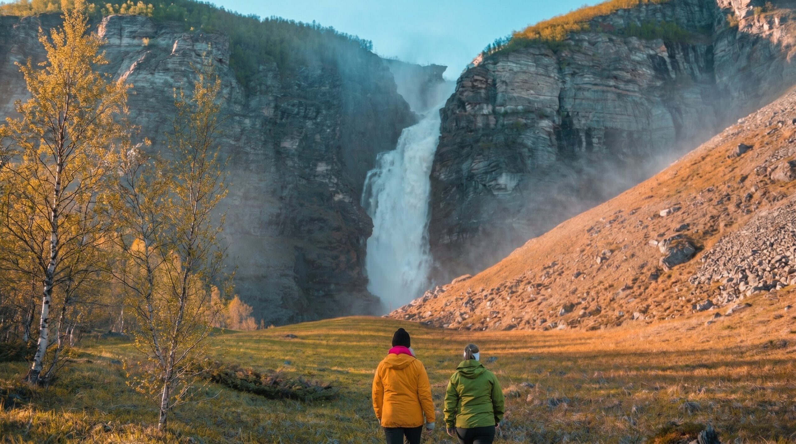 Two hikers admiring Mollisfossen waterfall in Reisa National Park, surrounded by autumn colors